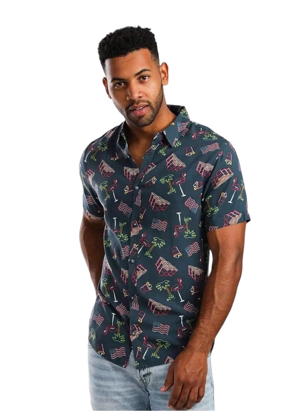 Buckle Men’s Departwest Summer Graphic Button Down Shirt Blue Multi Size M